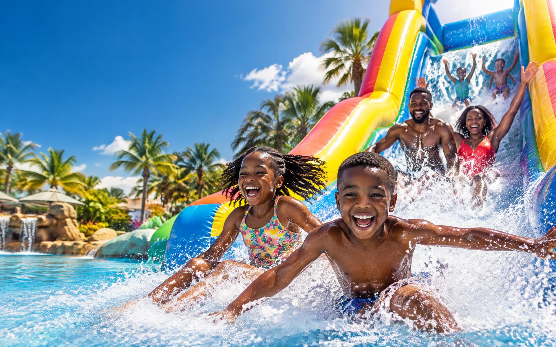 A family enjoying a giant water slide at The Village Family Park